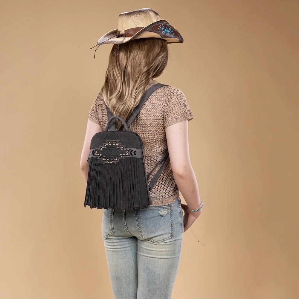Trinity Ranch Aztec Tooled Fringe Concealed Carry Backpack Black - Picture 2 of 5